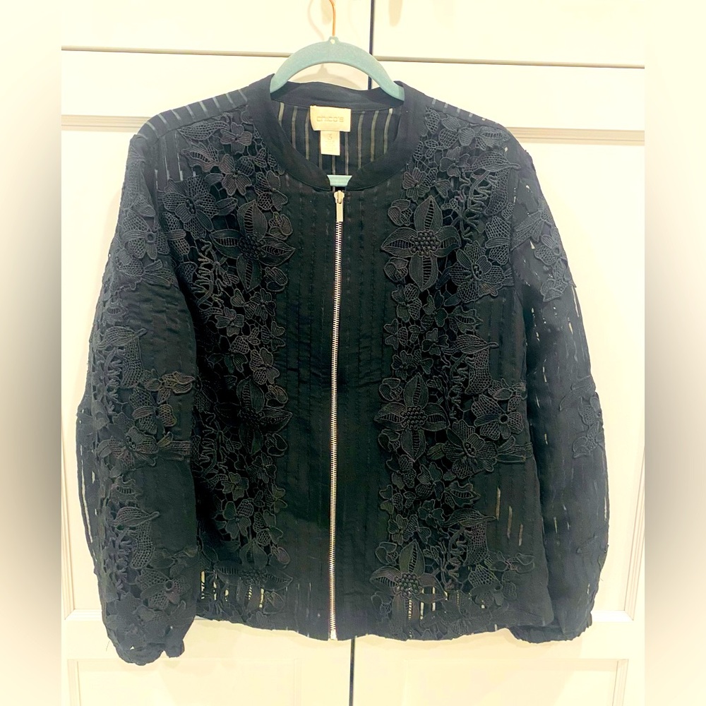 CHICO’S Sheer zip up jacket with floral appliqué. New!
